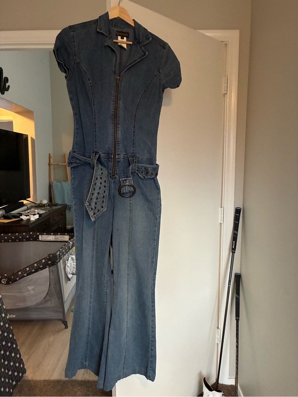 Women's Blue Denim Short-Sleeve Jumpsuit Overalls with Studded Belt